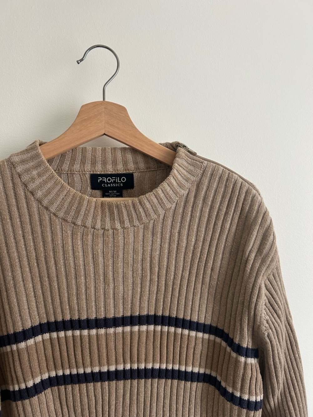 Ribbed Crewneck Sweater in Beige with Navy Stripes